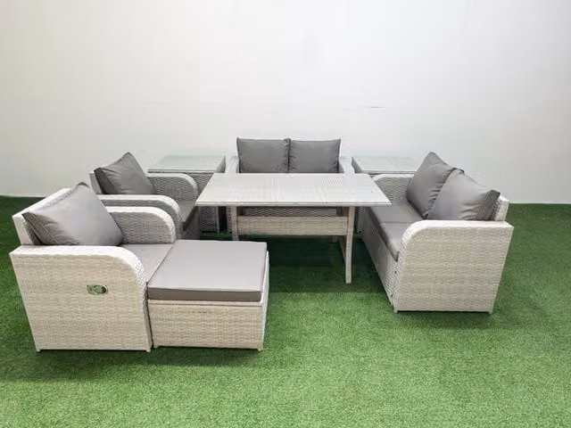 Fimous 7 Seater Rattan Garden Furniture Set with Reclining Love Sofa, Rectangular Dining Table, Footstool and 2 Side Tables in Light Grey