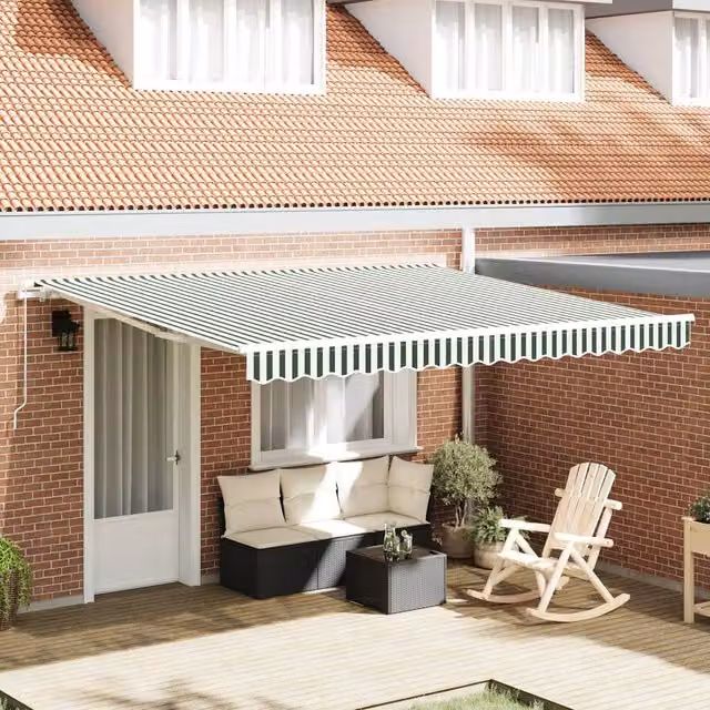 Berkfield Home Manual Retractable Wall-Mounted Awning, Green and White Striped Polyester, W: 400 cm, D: 300 cm – 1