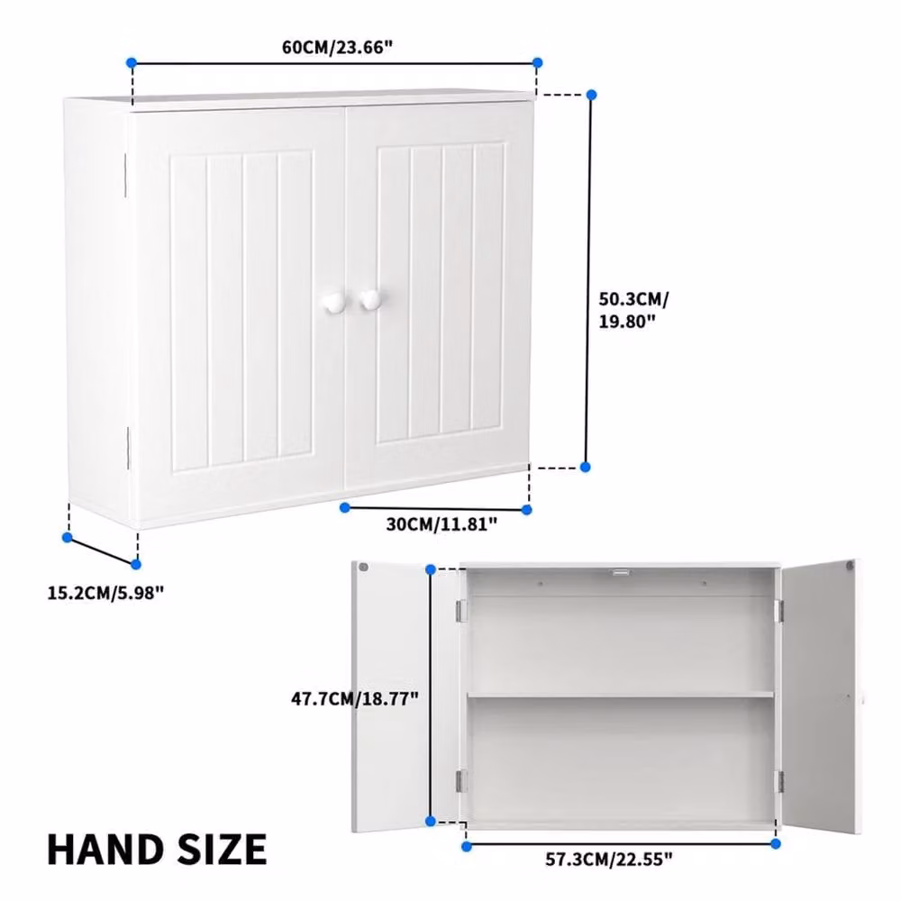 EONLION White Matt Floating Wall Mounted Bathroom Cabinet with Hinged Doors and Internal Shelves – 1