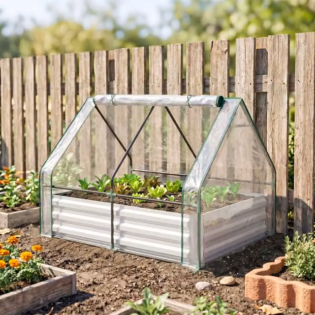 Outsunny Steel Raised Garden Bed Planter Box with Greenhouse and Window in White – 2