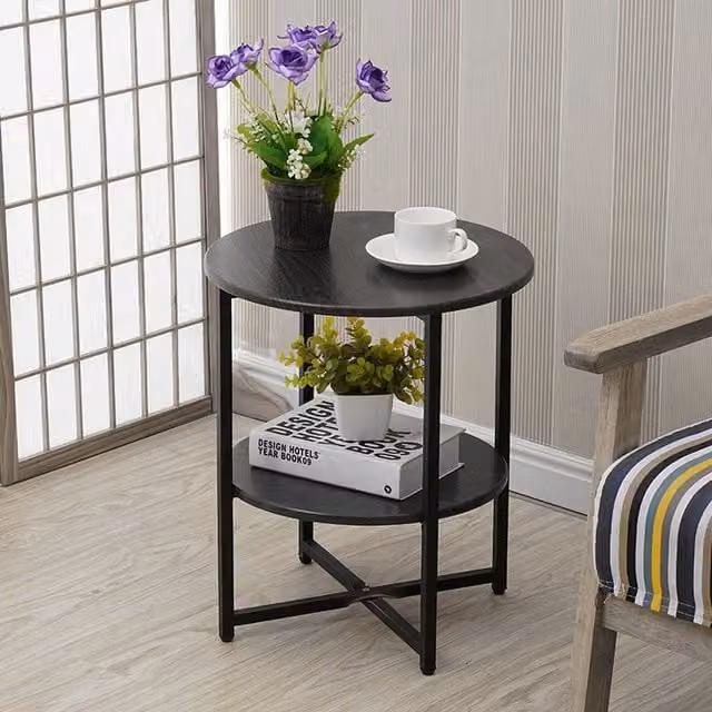 Livingandhome Minimalist 2-Tier Round Coffee Table in Black, W/D/H: 40 x 40 x 40 cm
