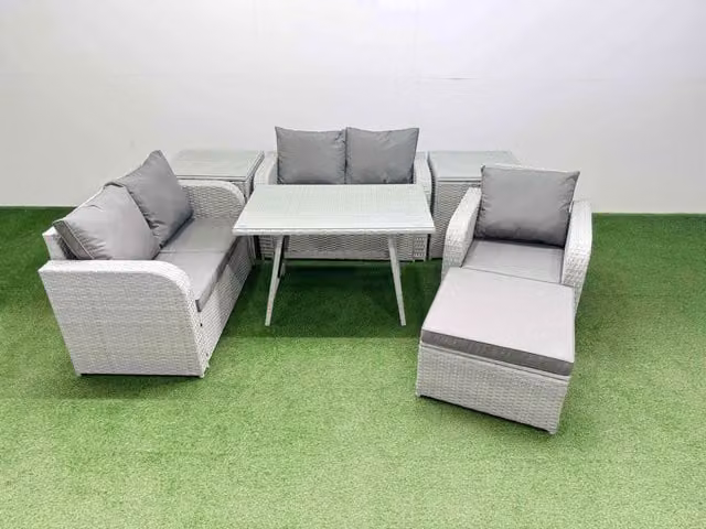 Fimous 6 Seater Rattan Garden Furniture Set with Love Sofa and Reclining Chairs in Light Grey