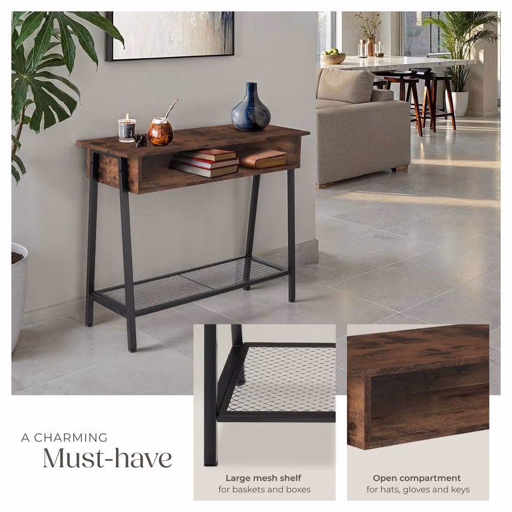 tectake Tralee Sideboard in Dark Brown with Oak Tabletop, Storage Compartment and Grid Shelf – 4