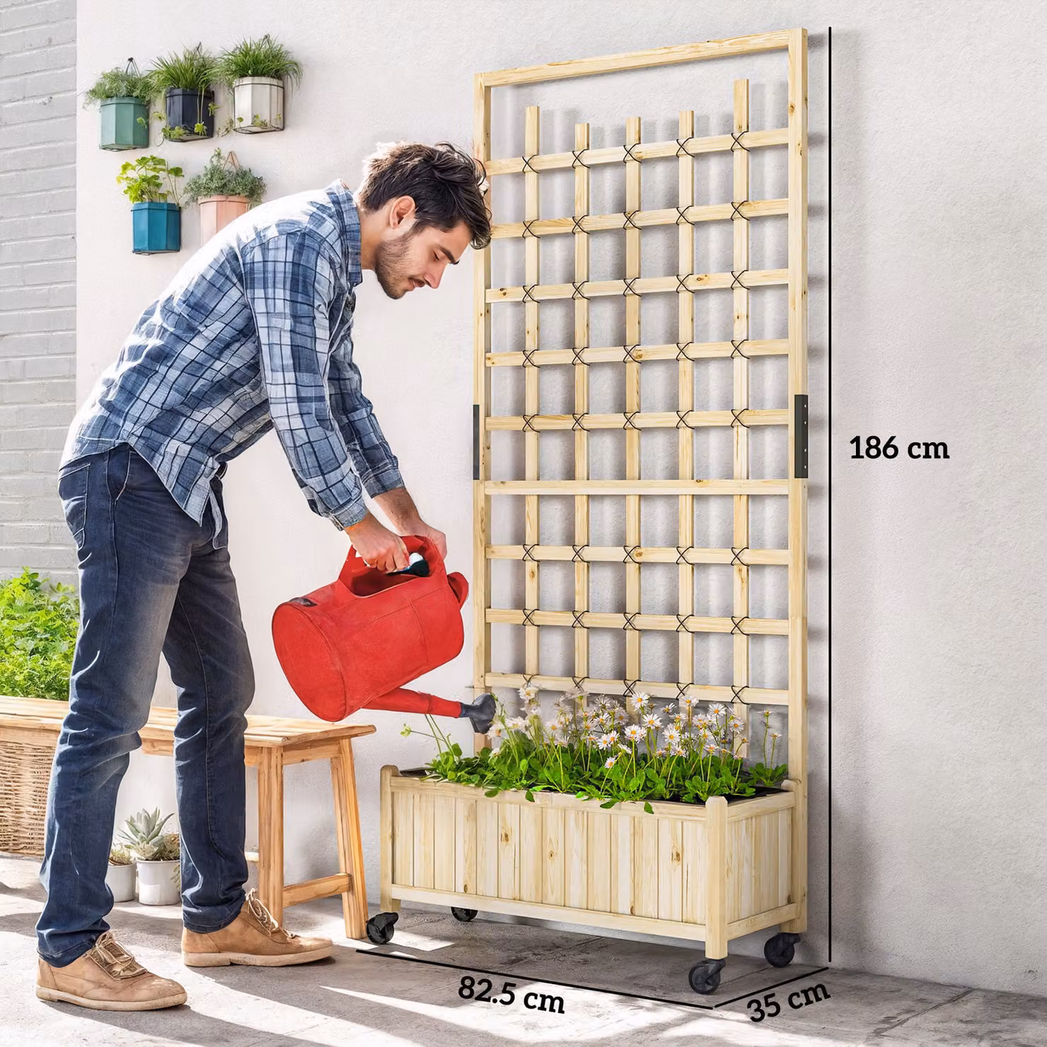 Outsunny Wooden Raised Planter with Trellis and Wheels, Lacquered Pine Garden Bed for Vegetables and Flowers, W: 35 cm, H: 186 cm – 2