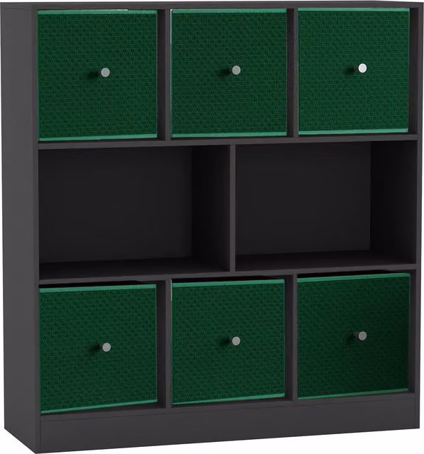 URBNLIVING 8 Cube Bookcase in Black with 6 Green Fabric Storage Drawers
