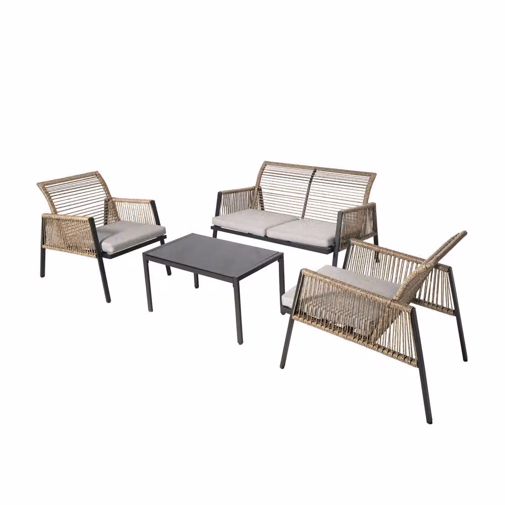 FURNITURE ONE 4 Seater Rattan Garden Furniture Set with Grey Cushions and Glass Coffee Table in Natural – 4