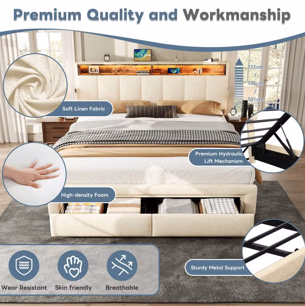 STILVORA Modern Upholstered King Ottoman Bed in Beige with LED Under-Bed Lighting, USB Charging Port and Lift-Up Storage, W/D/H: 180 x 200 cm – 3