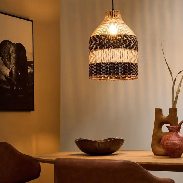 Wyld and Coco Black and White Rattan and Metal Boho Pendant Lamp – 1