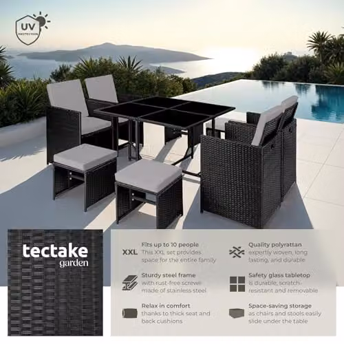 tectake Polyrattan Garden Furniture Set with Aluminium Base, Including 4 Dining Chairs, 1 Table and 4 Stools, Black/Grey – 3