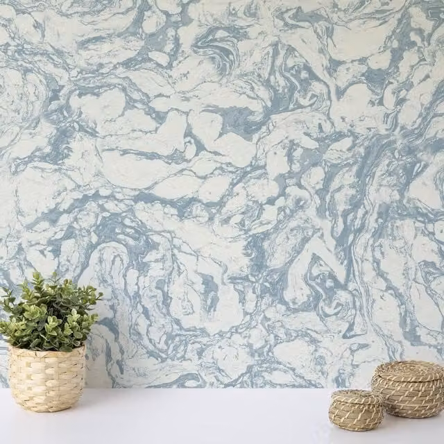 Wallquest Abstract Liquid Marble Effect Matt Wallpaper in Blue and White