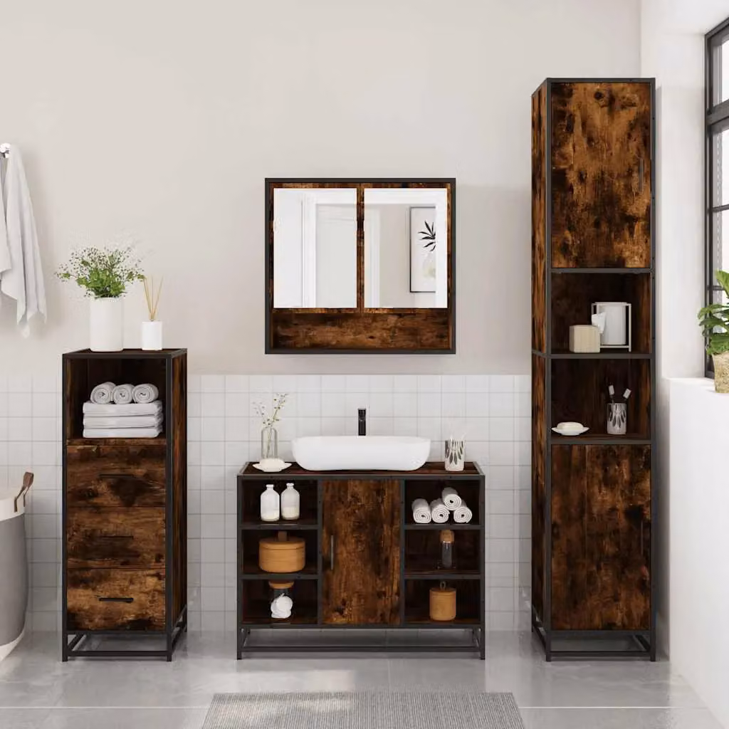 Berkfield Home 3 Piece Industrial Bathroom Furniture Set in Smoked Oak Brown – 3