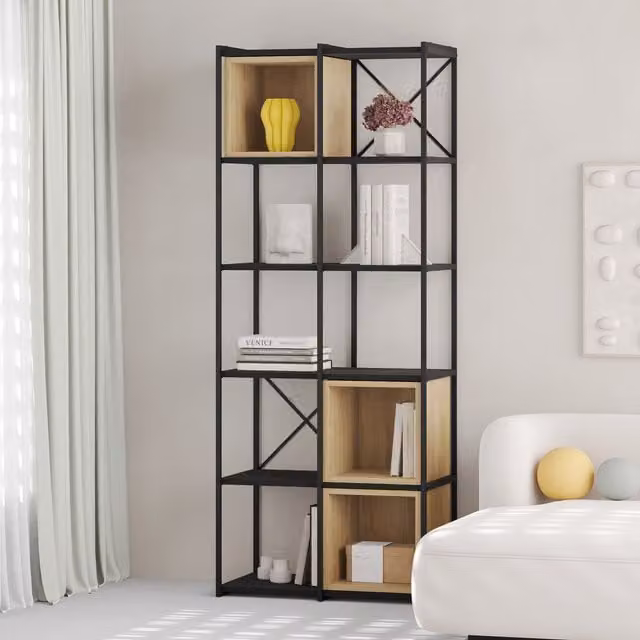 Decortie Vale Midi Bookcase Unit with Adjustable Shelves in Black Wood and Oak