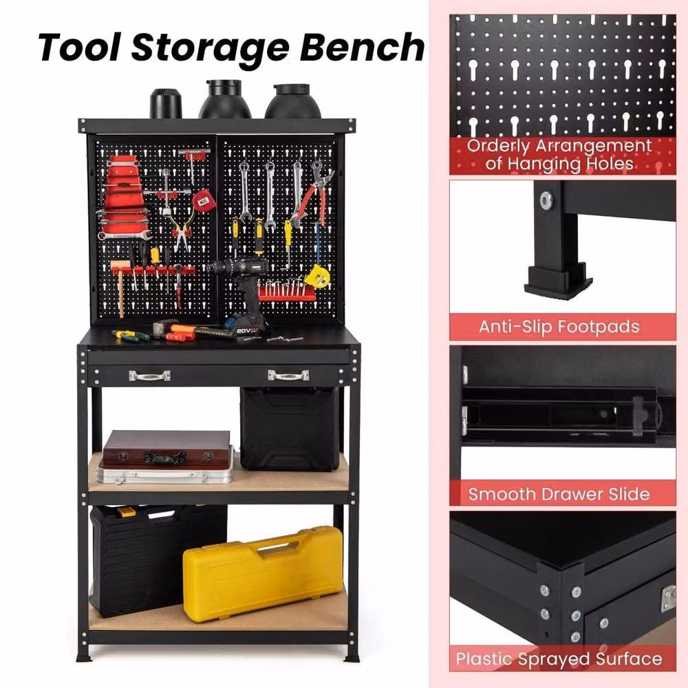 VOGREX Garage Tool Storage Workbench with Pegboard in Black – 5