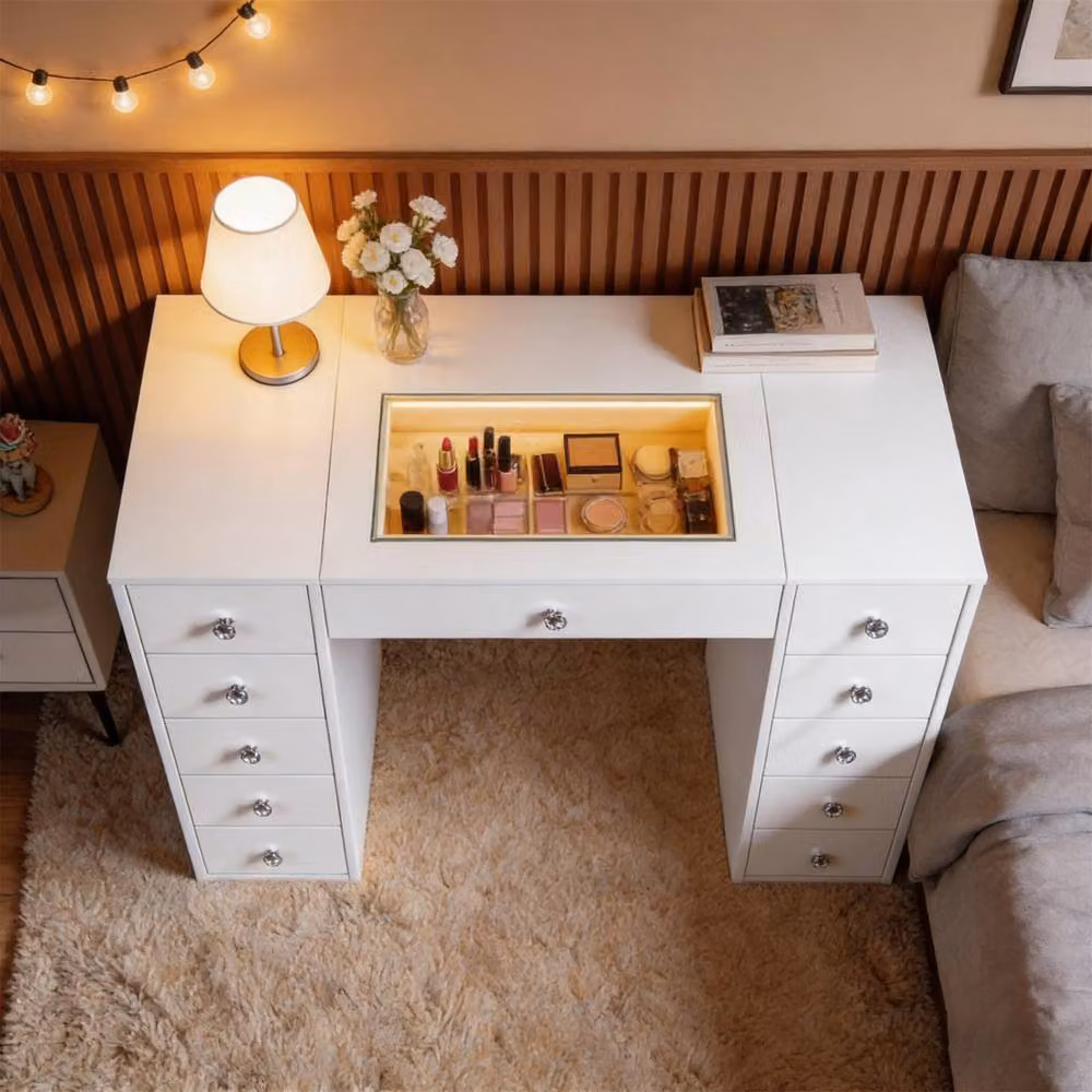 FENCHILIN 11-Drawer Vanity Dressing Table with RGB LED Lights, White, W: 130 cm, D: 55 cm, H: 81 cm – 2