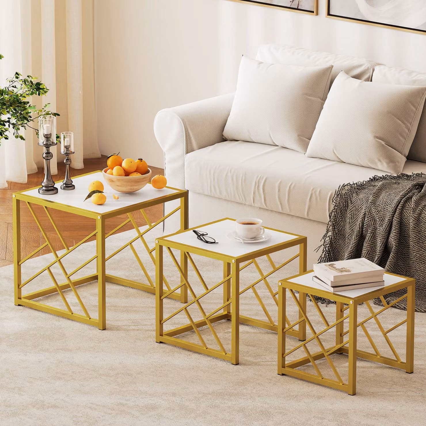 HOMCOM Set of 3 Square Nesting Coffee Tables with Black Metal Frame and White MDF Tops