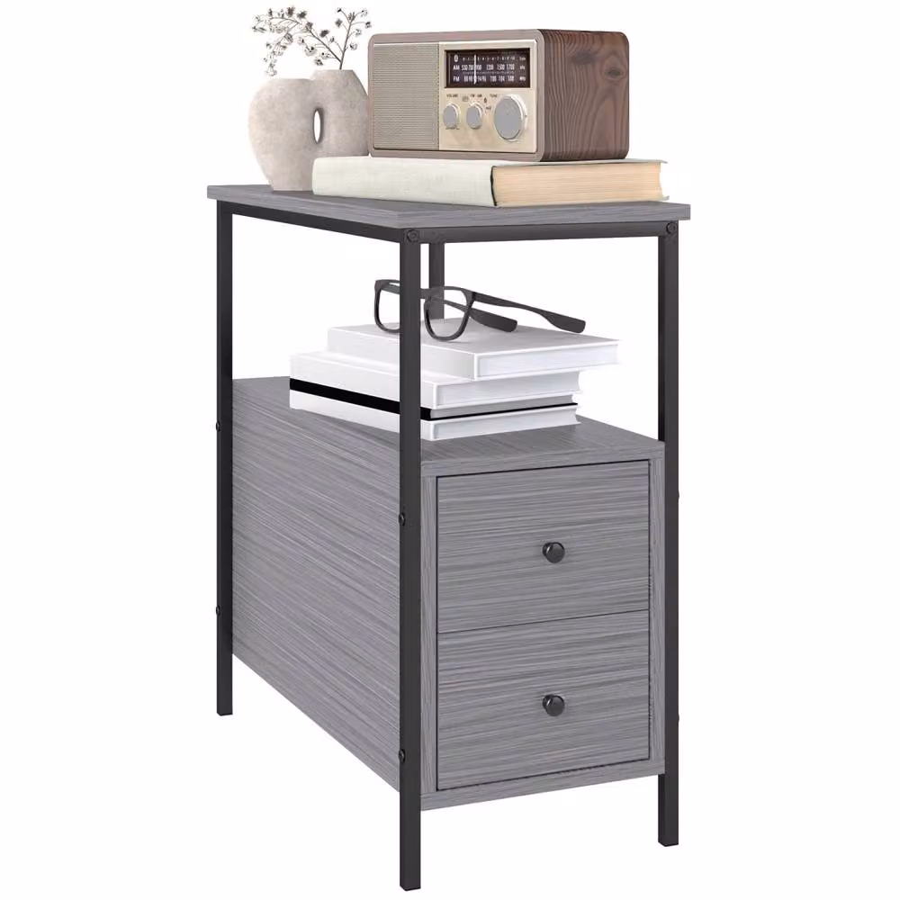Wyld Haus Loto Narrow Bedside Table in Grey Wood Effect with 2 Drawers and Shelf – 2
