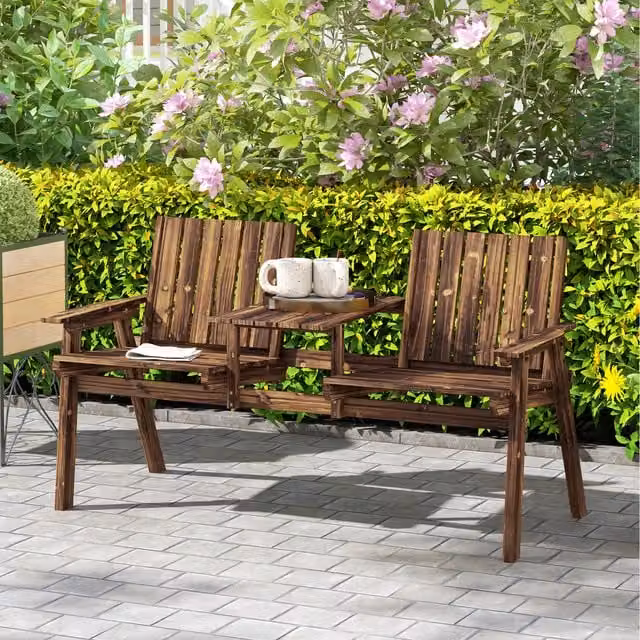 Outsunny Rustic Brown Fir Wood 2 Seat Bench with Table