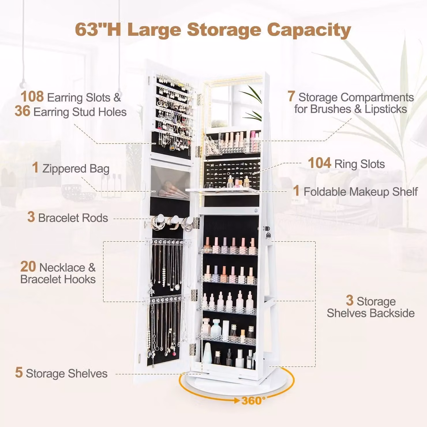 Costway 360 Swivel Lockable Jewelry Makeup Armoire with LED Lights and Mirror in White – 5