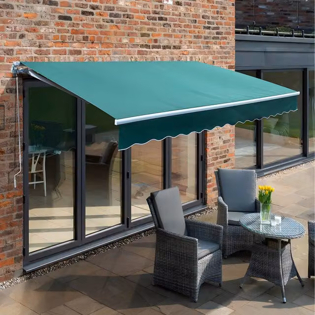 Primrose Manual Retractable Wall-Mounted Awning with Aluminium White Frame, Plain Green, W: 300 cm x D: 250 cm