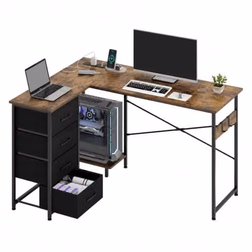 Levede L-Shaped Corner Desk with Drawers and Power Outlet in Rustic Brown, W/D/H: 135 x 100 x 76.5 cm – 1