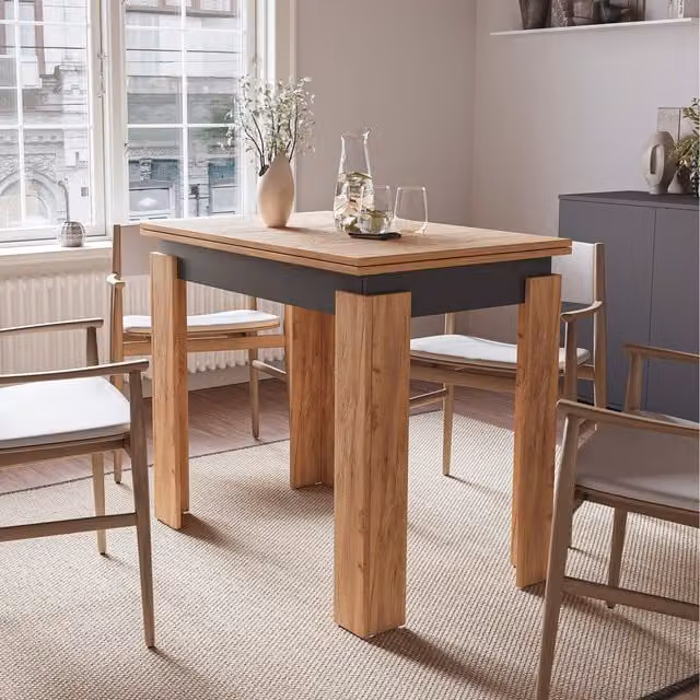 Shefa Line Family Extendable Rectangular Dining Table in Brown Oak Wood, W: 90-120 cm