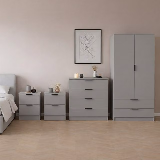 Vida Designs Trega 4 Piece Grey Modern Bedroom Set including Wardrobe, Chest of Drawers and 2 Bedside Tables