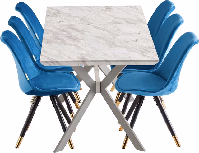 Life Interiors Sofia Blaze LUX Extendable Dining Set with 6 Blue and Gold Chairs