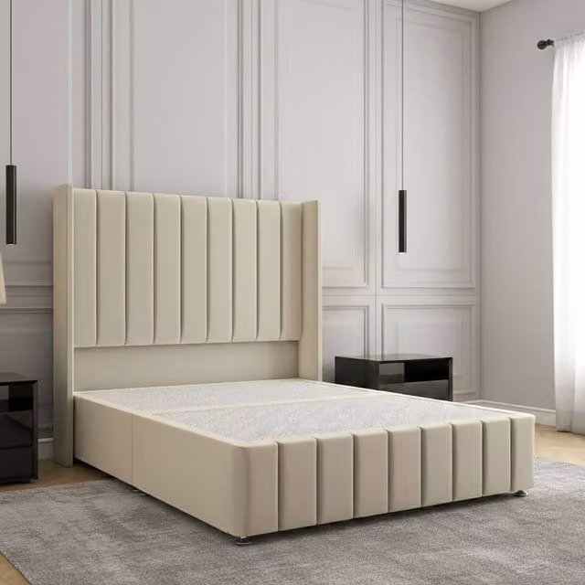 Regional Furnishings Single Upholstered Velvet Divan Bed in Beige, W: 90 cm x D: 190 cm