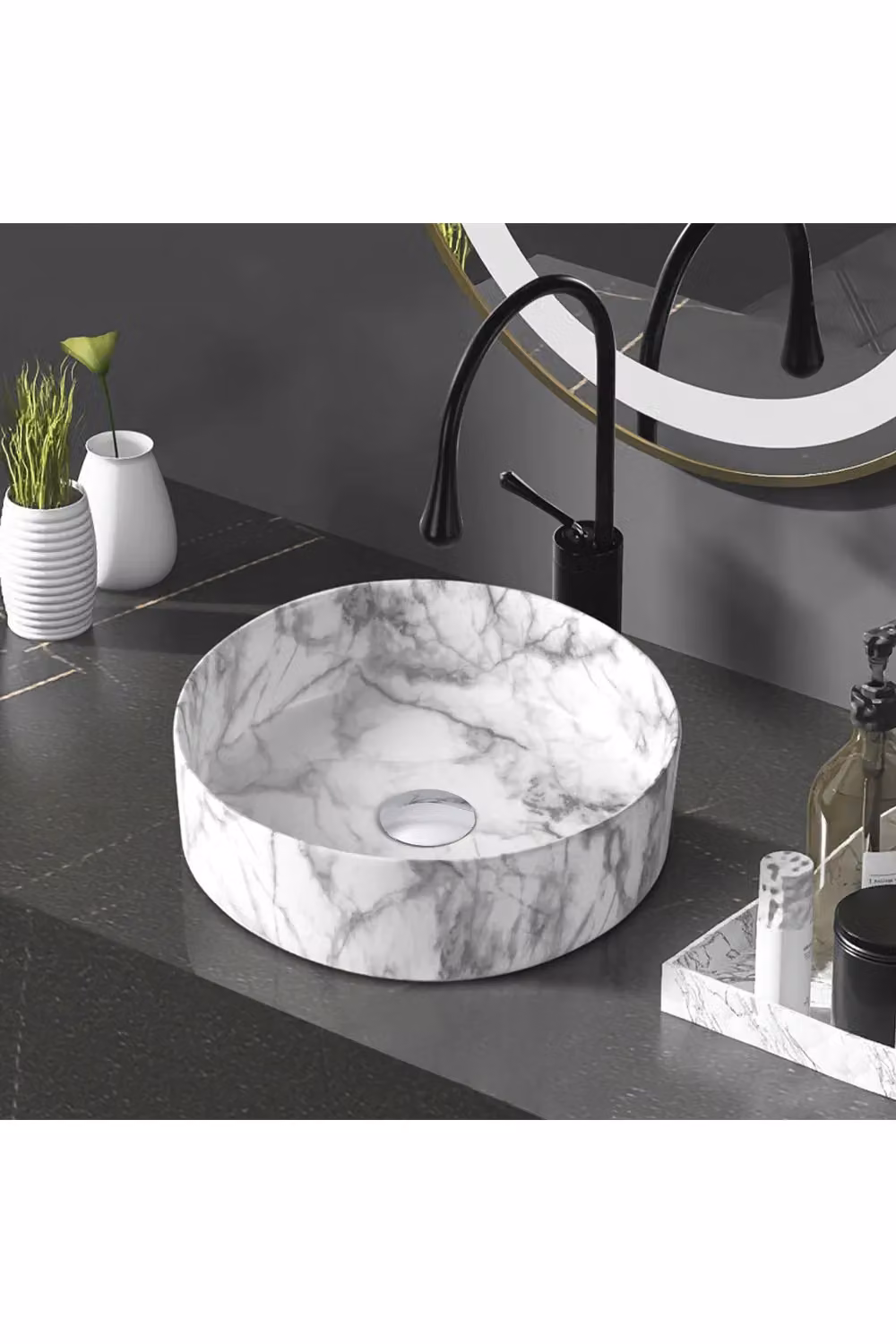 Living and Home Round White Marble Vessel Bathroom Sink, W/D/H: 36 x 36 x 12 cm – 2
