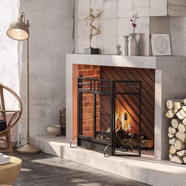 HOMCOM 3-Panel Folding Freestanding Fireplace Screen with Door in Black, W: 120 cm, H: 79 cm – 1