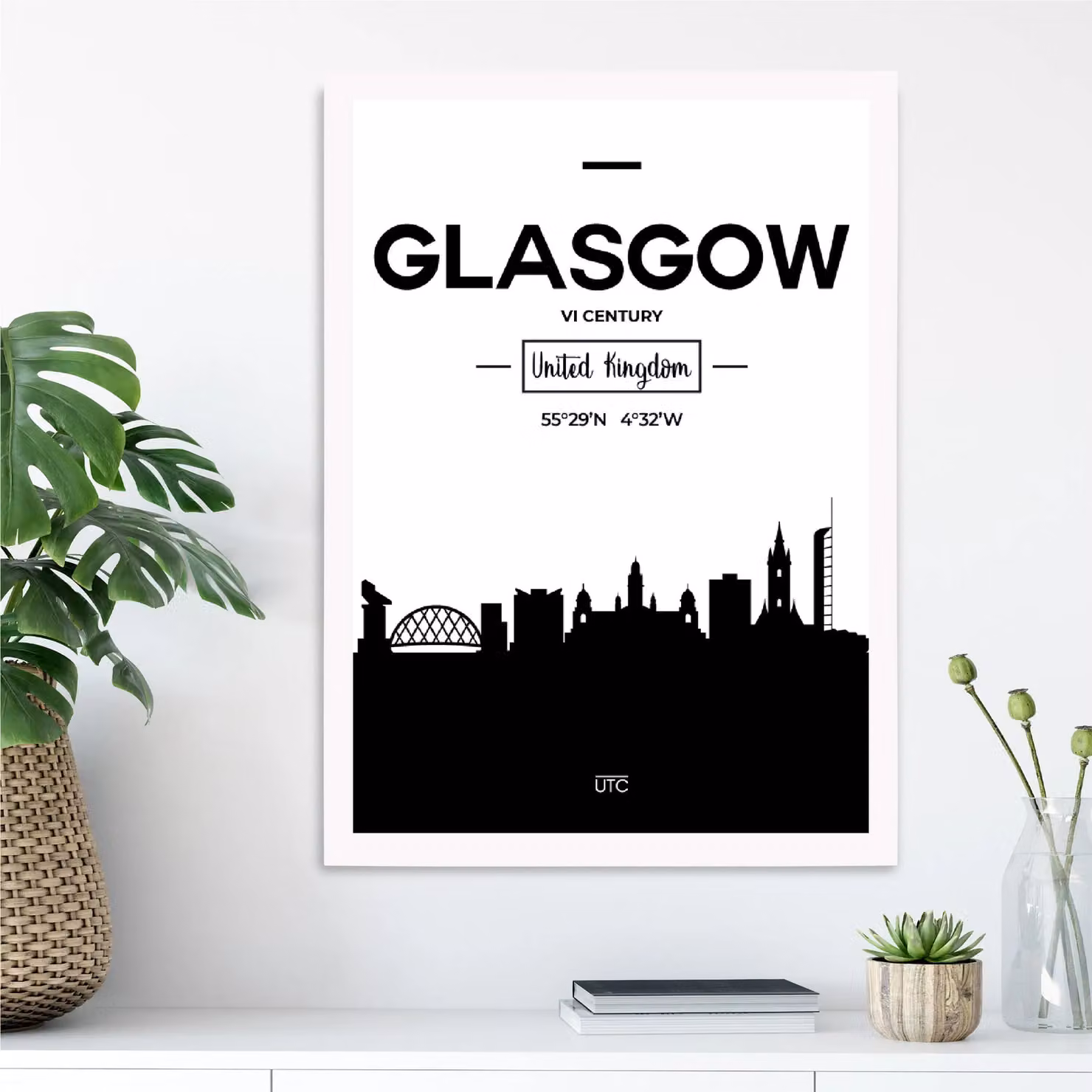 ARTZE Glasgow Black and White City Skyline Framed Print with White Frame – 2
