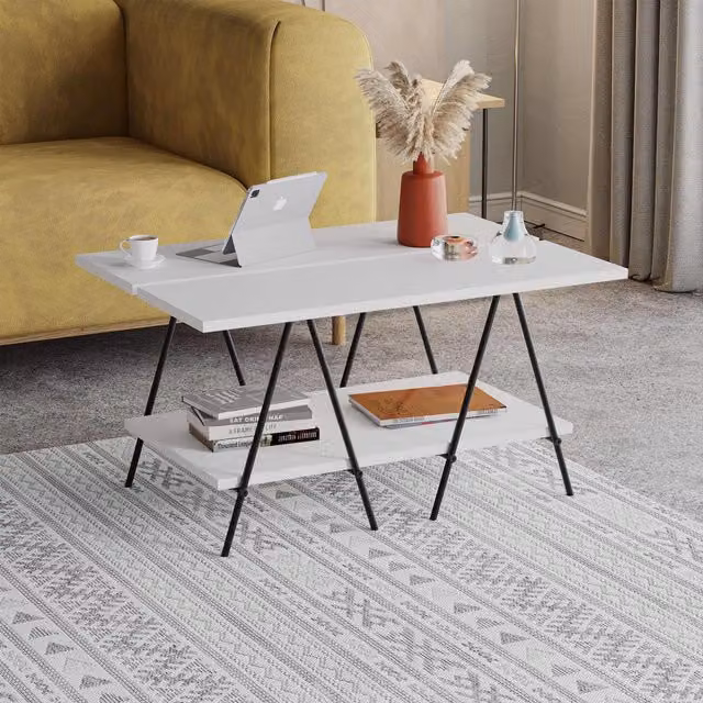FWStyle 2 Tier Modern Coffee Table with Black Metal Frame and White MDF Laminate Top