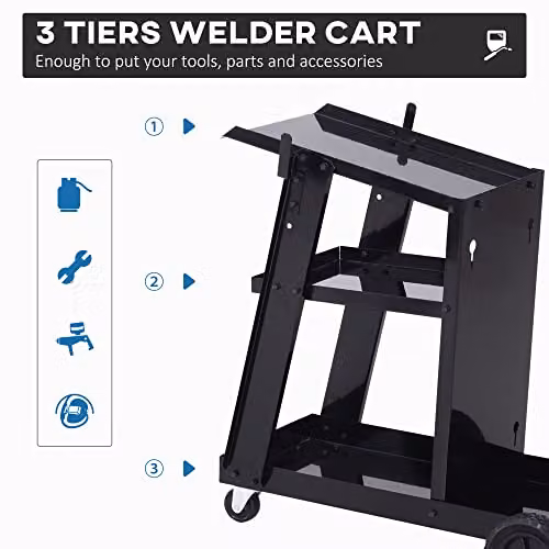 DURHAND Three-Tier Steel Welding Cart with Gas Bottle Storage and Wheels, Black, W/D/H: 70.0 x 50.0 x 39.0 cm – 3