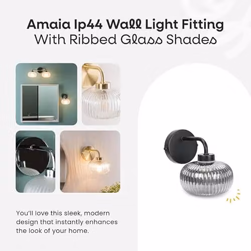 ValueLights Amaia Matte Black IP44 Rated Single Smoked Ribbed Glass Wall Light – 2