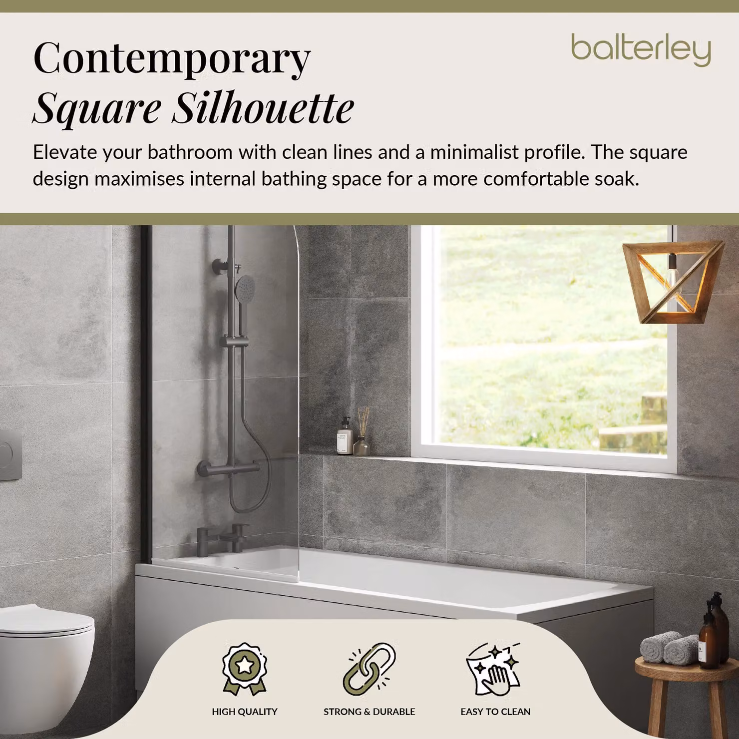 Balterley Square Single Ended Rectangular Bath with Apron and Black Round Corner Screen in White, W: 170 cm, D: 75 cm – 3