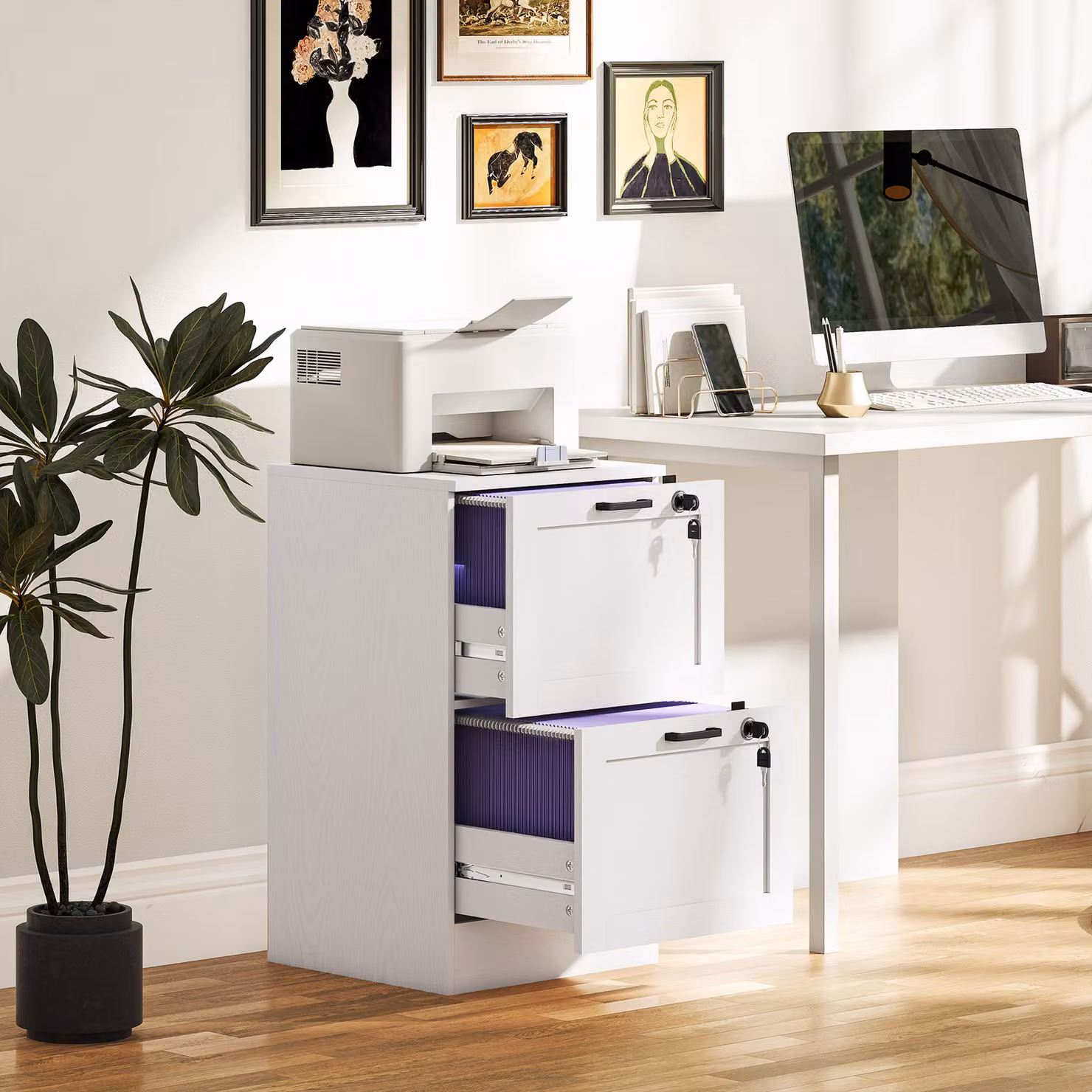 HOMCOM Modern 2-Drawer Filing Cabinet with Lock in White Matt – 2