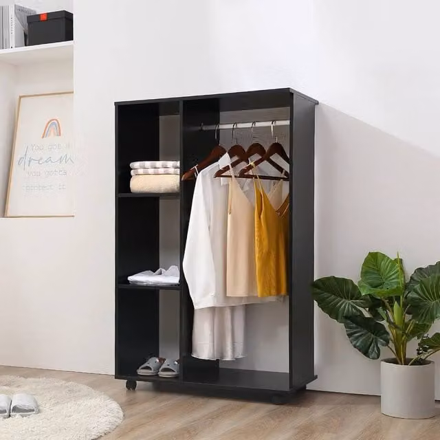 EONLION Rolling Open Wardrobe with Hanging Rail and Storage Shelves in Matt Black, Width: 100 cm – 1