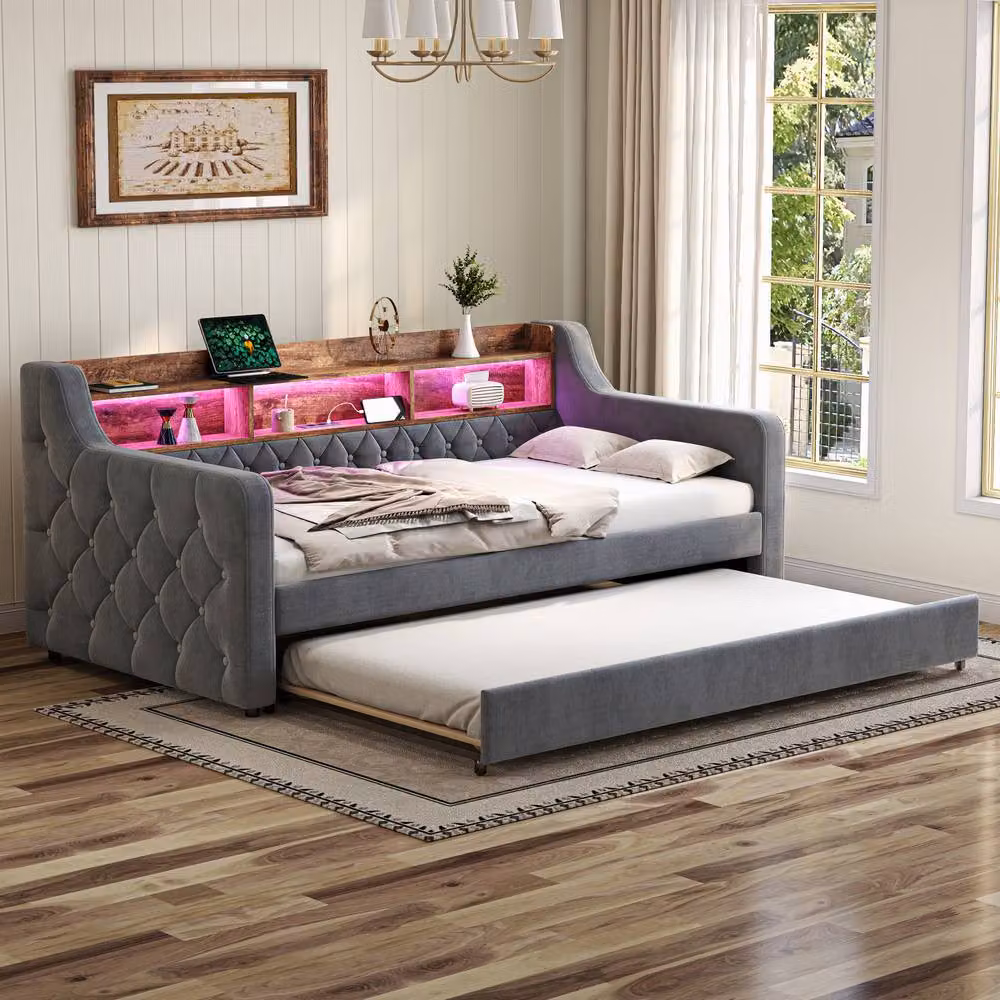 BTM Single Velvet Daybed with Storage, LED Under-Bed Lighting and USB-C Charging Port, Dark Grey, W/D/H: 190 x 90 x 48.2 cm – 2