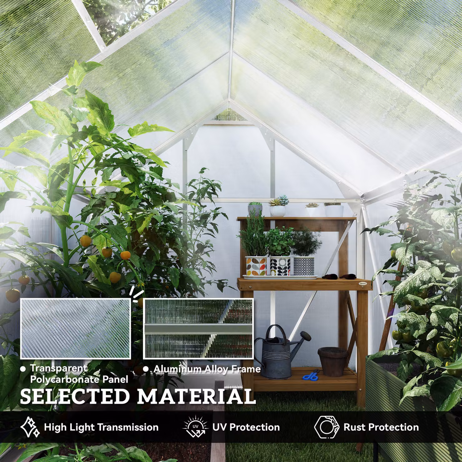 Outsunny Walk-In Greenhouse with Sliding Door and Gable Roof, Transparent Polycarbonate and Aluminium Garden Greenhouse, W/D/H: 182.88 x 243.84 x 201 cm – 3