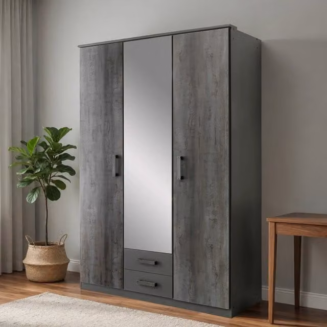 Duisberg Grey and Digi Steel 3 Door Wardrobe with Mirror, W: 135 cm