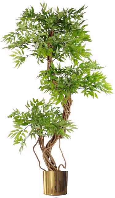 Leaf 140cm Artificial Japanese Fruticosa Ficus Tree with Gold Metal Planter in Green – 1