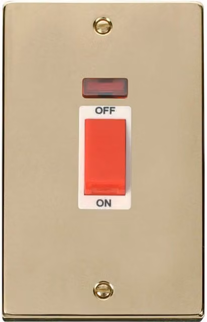 SE HOME 2 Gang 45A Switch with Neon in Polished Brass and White