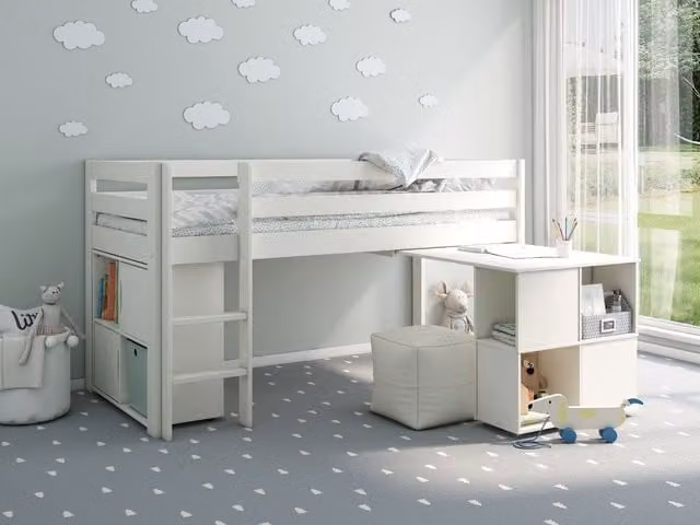 Noomi Nora Solid Wood Mid Sleeper Craft Cabin Bed in White, W/D/H: 200 x 100 x 116.5 cm – 1