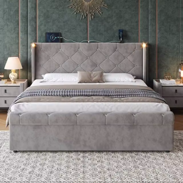 Matteo Double Velvet Upholstered Bed Frame in Grey with Integrated Reading Light, USB Charging Port and Lift Up Base, W/D/H: 140 x 200 cm – 1