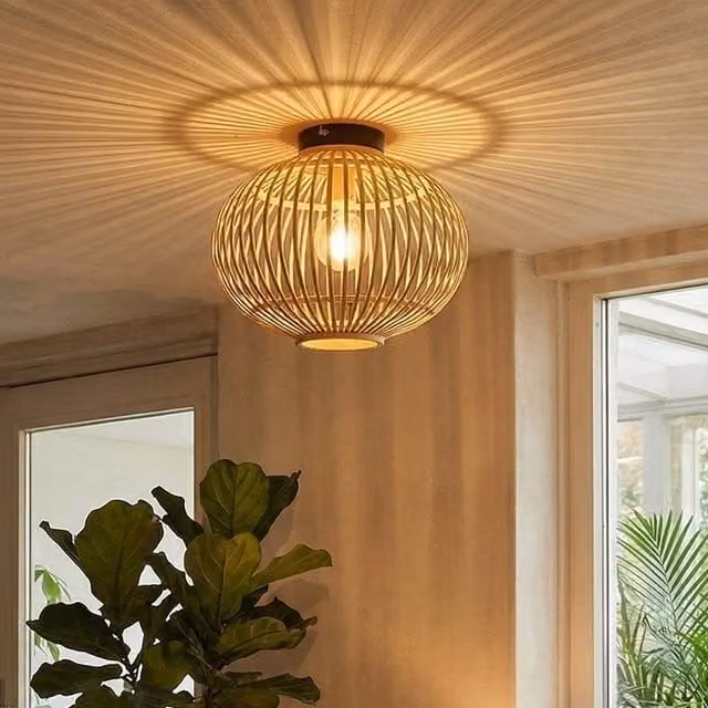 KORVIXA Boho Rattan and Iron Ceiling Light Shade in Gold and Sand with Wood and Brass Accents – 1