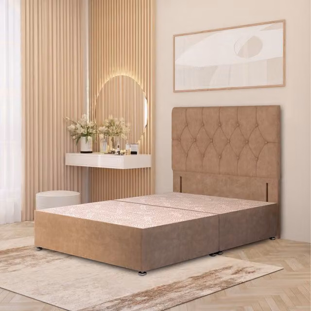 Somnior Beds Ltd Chesterfield Velvet Divan Bed Base with 54 inch Floor Standing Headboard and Drawers, Beige, W/D/H: 200 x 200 cm