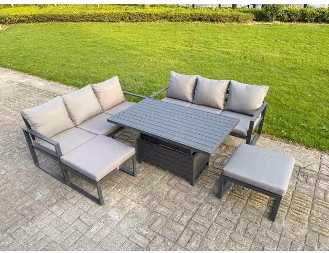 Fimous 5-Piece Powder Coated Aluminium Garden Sofa Set with Lifting Table, Cushions and 2 Stools in Dark Grey