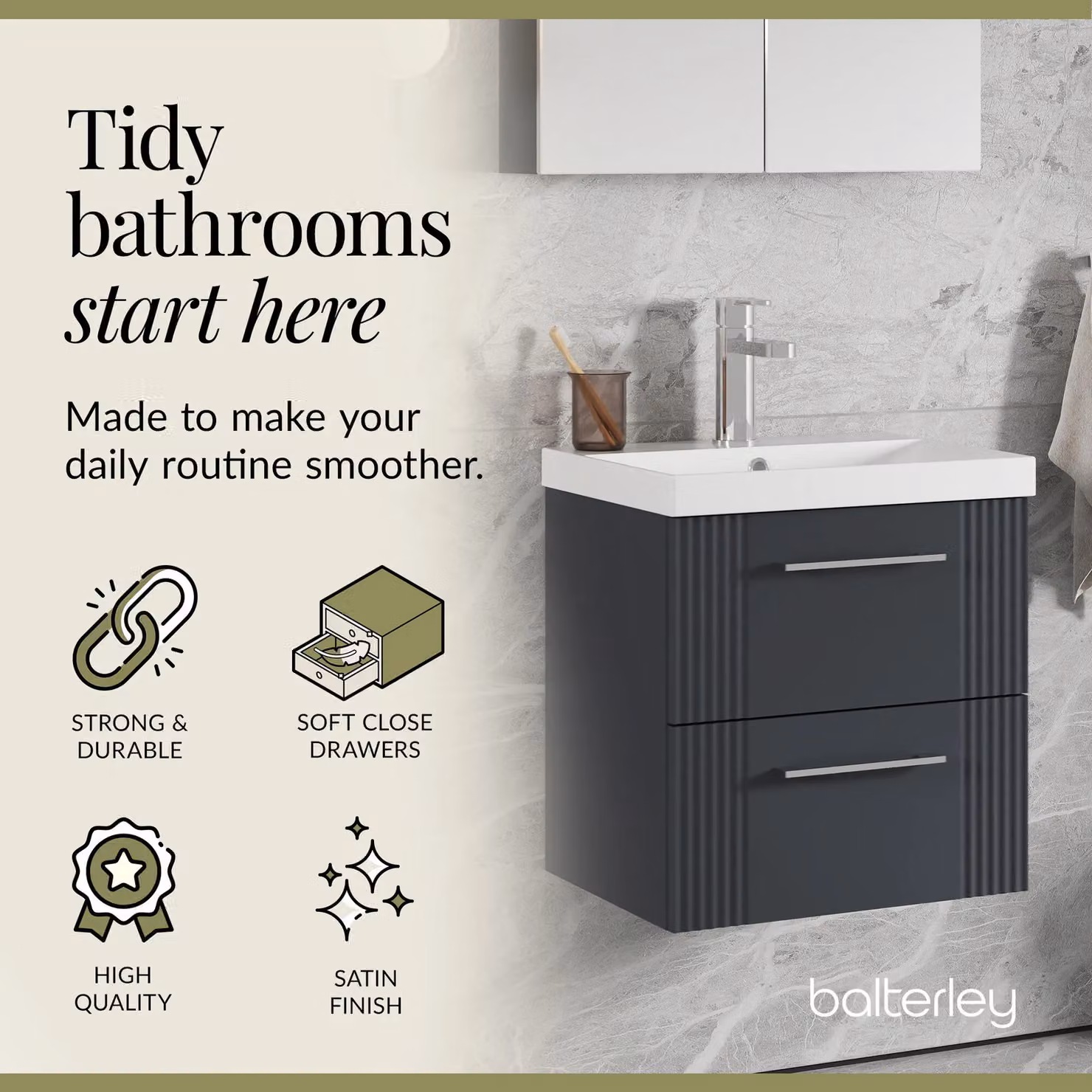 Balterley Wall Hung 2 Drawer Vanity Unit with Thin-Edge Vitreous China Basin, Satin Dark Grey, W: 50 cm, D: 55 cm, H: 50 cm – 3