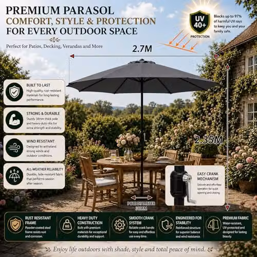 GlamHaus Garden Parasol Umbrella with UPF 40 Protection and Cover, Grey Steel and Polyester – 2