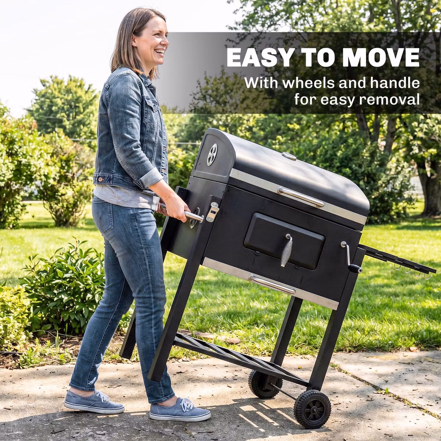 Outsunny Black Charcoal Grill with Height-Adjustable Coal Pan, Thermometer, Warming Rack and Wheels, W/D/H: 113 x 65 x 108 cm – 7